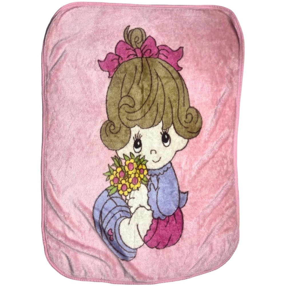 Precious Moments Pink Baby Girl W Flowers Blanket Plush Soft htf Vintage 40x55